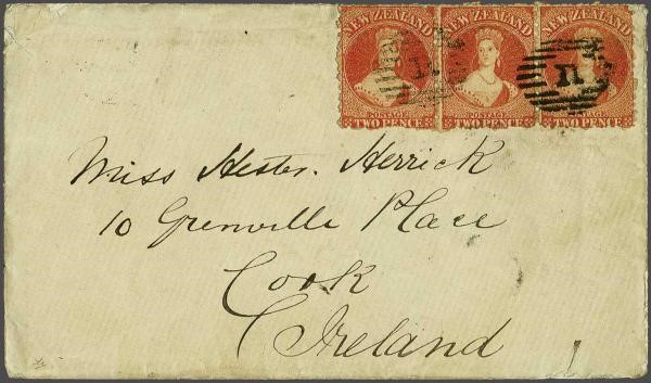 1873 Napier, New Zealand to Cork, Ireland, via San Francisco, USA with 3 x NZ 2d vermilion, perf. 12½, in a horizontal strip of three in a bright shade