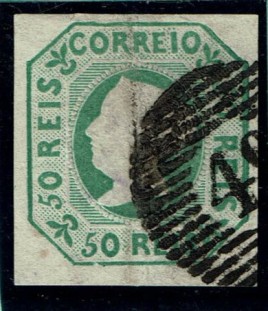 1853 Portugal, Queen D. Maria II, 50 reis green, tied by a 20-bar ANGRA 48 obliterator cancel
