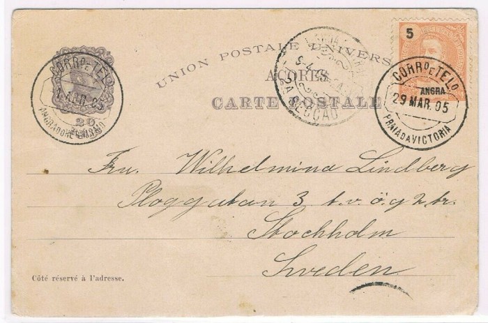 1905 An early undivided back postcard (commemorating 1498-1898 India) used late in 1905 from Praia da Vitória, ANgra to Stockholm, Sweden, with a Praia da Vitória cds