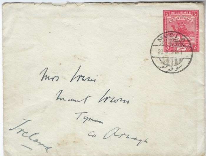 1916 letter from Sudan to Tynan, Co Armagh, cancelled Myolo c.d.s., reverse with Khartoum transit and Tynan R.S.O. c.d.s.