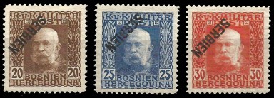 1916 Serbia (Austrian Occupation) 20, 25 and 30kr overprints inverted